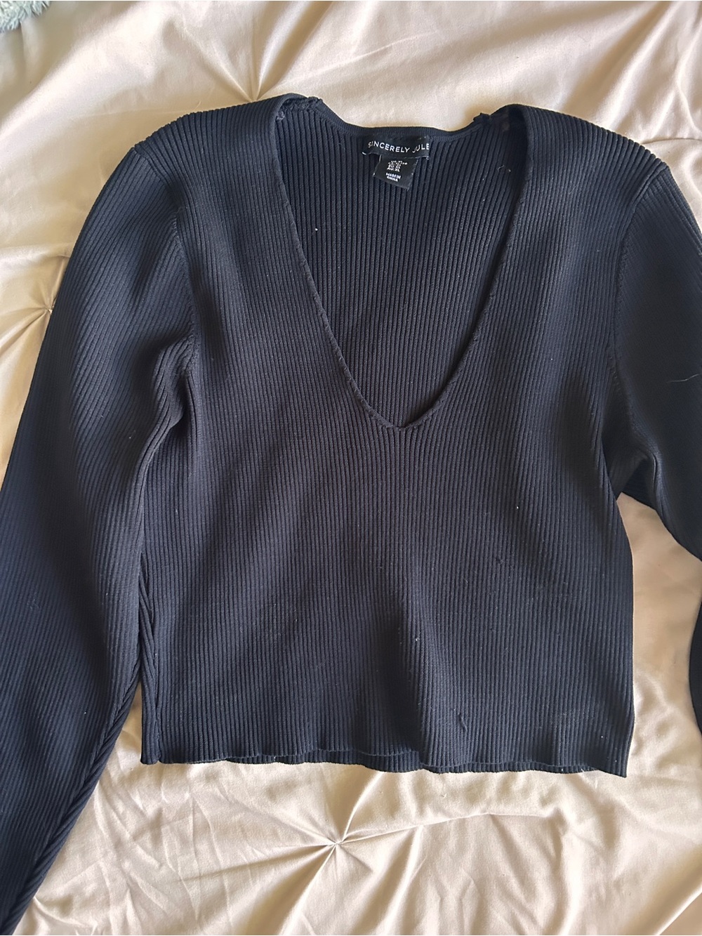 Sincerely Jules Black Ribbed V-Neck Long Sleeve Top